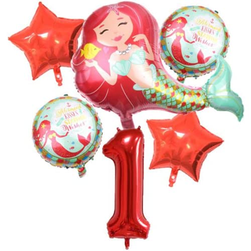 DIWULI, großes Meerjungfrau Luftballon Set, XXL Zahlen-Ballon Zahl 1 rot, Folien-Ballons 1. Kinder-Geburtstag Mädchen, Motto-Party, Dekoration, Ballon-Set Deko süß, Stern, Meer, Fisch, Muschel, Flosse von DIWULI