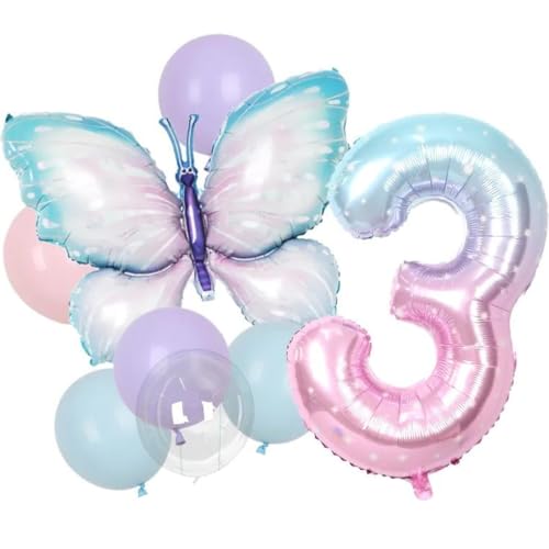 DIWULI Schmetterling Ballon-Set Zahl 3 • Luftballons Geburtstagsdeko Geburtstagsballons Party-Deko • 3. Kinder-Geburtstag Mädchen Junge • Folien-Ballons Folien-Luftballons Zahlen-Ballon Butterfly von DIWULI