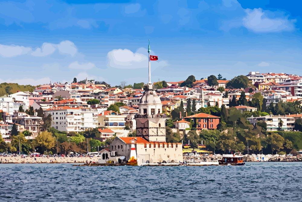 Malen nach Zahlen - Maiden-Turm in Istanbul, Türkei (KIZ KULESI - USKUDAR), mit Rahmen von DIY - Malen nach Zahlen