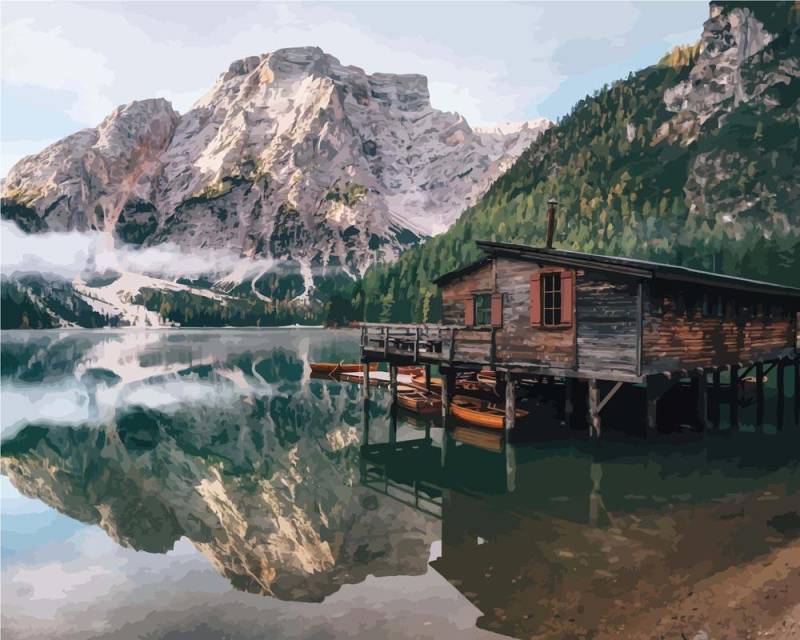 Malen nach Zahlen - Pragser Wildsee in Dolomiten-Italien (Südtirol), mit Rahmen von DIY - Malen nach Zahlen