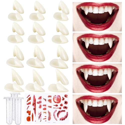 DIYDEC 12 Paar Halloween Vampirzähne, Vampir Fangs Kit Zähne Kostüm Gefälschte Zähne mit 2 Pellets Kleber für Halloween Cosplay Party Requisiten von DIYDEC