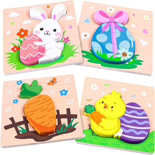 DIYDEC 4 Stück Holzpuzzle für Kleinkinder Ostern, Lernendes Pädagogisches Holzpuzzle Hase Huhn Karotte Ei Steckpuzzle Holz Montessori Spielzeug Kleinkind Lernspielzeug für Baby Kinder Ostern Geschenk von DIYDEC