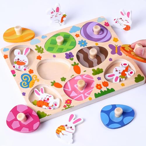 DIYDEC 8 Stück Montessori Holzspielzeug Eier, Holzpuzzle ab 1 Jahr Ostern Hasen Kaninchen Greifpuzzle für Baby Kleinkinder Sortierspiel Lernspielzeug Geburstag Ostern Geschenk von DIYDEC