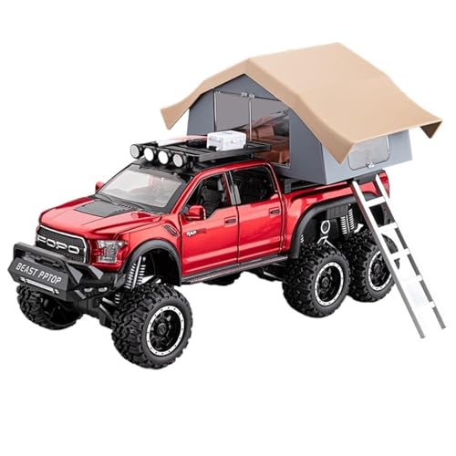 DIYUHUO For 1/24 Simulation Raptor F150 RV Mit Beobachtungsbrücke Aus Legierung Automodell Stoßdämpfung Sound Und Licht Spielzeug Auto (Rot) von DIYUHUO