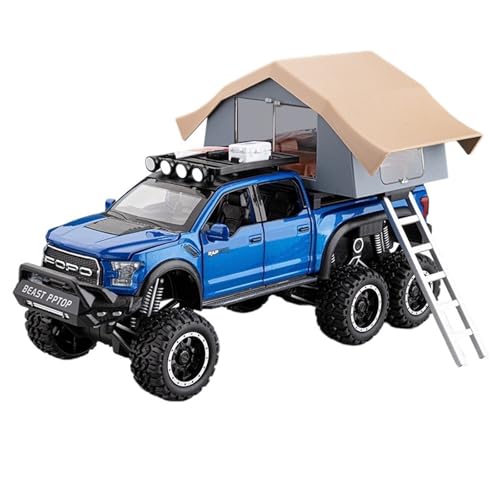 DIYUHUO For 1/24 Simulation Raptor F150 RV Mit Legierung Beobachtungsbrücke Automodell Stoßdämpfung Sound Und Licht Spielzeug Auto (Blau) von DIYUHUO