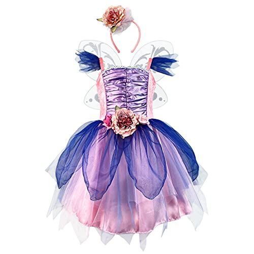 DJDLPARTY Feenkostümkleid für Mädchen, grünes Prinzessin Blumenmädchenkleid, Tutu-Kleid mit Stirnband und Flügeln (Blau, 4 Jahre) von DJDLPARTY