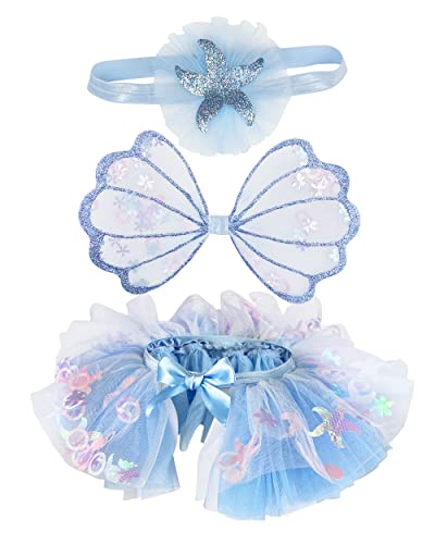 Dress-up Baby Mädchen Feenkostüm-Set mit Flügeln, Feen-Tutu und Stirnband (Ozean-Baby-Set, 0-12 m) von DJDLPARTY