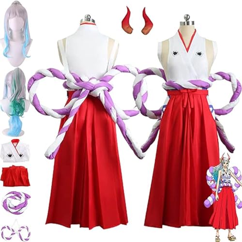 Anime One Piece Yamato Cosplay Kostüm mit Perücke für Frauen Mädchen, Outfit Wano Country Kimono Kopfschmuck Komplettset Halloween Party Karneval Uniform Dress Up Anzug,Rot,XL von DJFOG