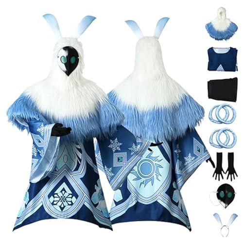 DJFOG Genshin Impact Ice Attribute Abyss Hilichurl Magier Cosplay-Kostüm für Herren und Damen, Spielfigur, Uniform, Umhang, Kopfschmuck, Maske, komplettes Set, Blau, Größe L von DJFOG