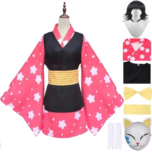 Demon Slayer Makomo Cosplay-Kostüm mit Perückenmaske, Outfit, Anime, Kimetsu no Yaiba, komplettes Set, Halloween-Party, Verkleidungsuniformen, Rosa, Größe S von DJFOG