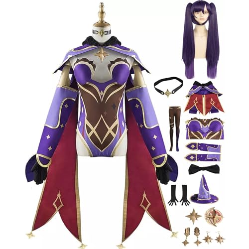 Genshin Impact Mona Cosplay-Kostüm, Outfit mit Perückenhut, Anime-Spielfiguren, Uniformkleid, komplettes Set, für Damen und Mädchen, Halloween-Party, Verkleidung, Blau, Größe XL von DJFOG