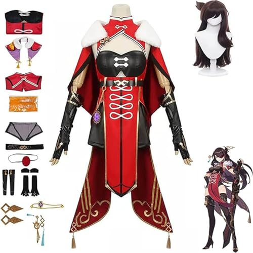 Genshin Impact Traveler Beidou Cosplay Kostüm mit Perücke Halloween Party Uniform Kleid Komplettset Damen Mädchen Halloween Party Dress Up Anzug,Rot,XL von DJFOG