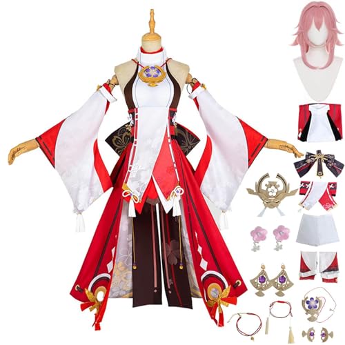 Yae Miko Cosplay-Kostüm für Damen, Outfit mit Perücke, Hut, Spielfiguren, Genshin Impact Uniform, Kleid, komplettes Set, Halloween-Party-Kostüm, Rot, Größe S von DJFOG