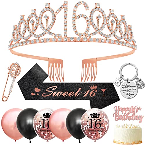 16 Geburtstag Mädchen, 16 Geburtstag Deko 16. Geburtstag Schärpe und Tiara,Rose Gold Kristall Tiara Krone Geburtstag Schärpe Luftballons Tortendeko Schlüsselring,Geschenke Zum 16 Geburtstag Mädchen von DJLLA