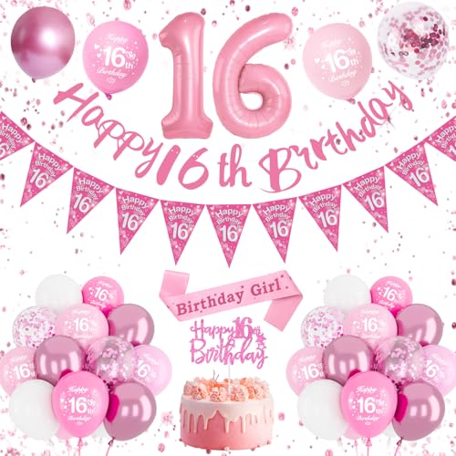 16 Geburtstag Mädchen, Luftballon 16 Geburtstag Rosa, 16. Geburtstag Mädchen Rosa, Ballon 16 Deko zum Geburtstag, Happy Birthday Banner für Mädchen Geburtstag Party Deko von DJLLA