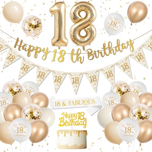 18 Geburtstag Mädchen, Deko 18. Geburtstag Weiß Gold Luftballons, 18th Ballons Happy Birthday Banner Zahl 18 Luftballons Party Ballons, Geburtstag Deko 18 Party Deko Supplies von DJLLA