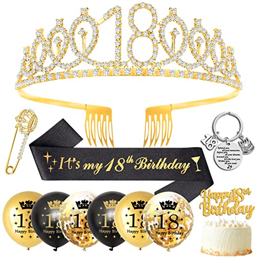 18. Geburtstag Mädchen,18 Geburtstag Deko 18. Geburtstag Schärpe und Tiara,Geschenke Zum 18 Geburtstag Mädchen,Schwarz Gold Kristall Tiara Krone Birthday Schärpe,Luftballons Tortendeko Party Zubehör von DJLLA