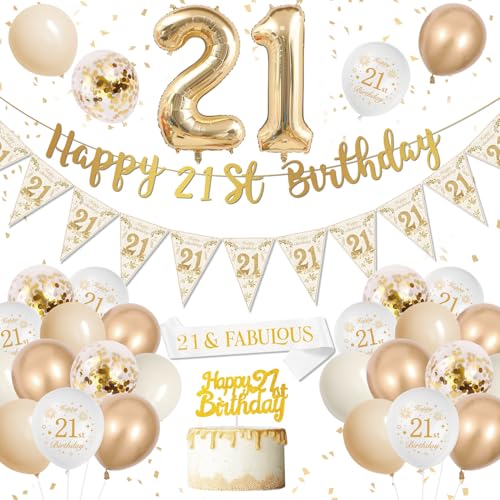 21 Geburtstag Deko Männer Frauen, Luftballon 21. Geburtstag Gold, Deko 21. Geburtstag Weiß Gold Luftballons, Happy Birthday Banner 21 Jahre Folienballon Konfetti Ballons Party Ballons für Geburtstags von DJLLA