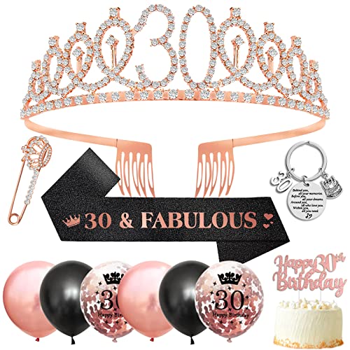 30 Geburtstag Frauen 30 Geburtstag Deko, 30. Geburtstag Schärpe und Tiara,Geschenk 30 Geburtstag Frau,Rose Gold Kristall Tiara Krone Geburtstag Schärpe Luftballons Tortendeko Deko 30 Geburtstag Frau von DJLLA