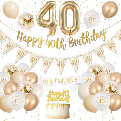 40 Geburtstag Deko, Deko 40. Geburtstag Frauen, Luftballon 40. Geburtstag Weiß Gold, Happy Birthday Banner, Riesen Folienballon Zahl 40 Konfetti Ballon Cake Topper für 40 Geburtstag Frauen Deko von DJLLA