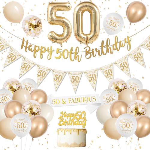 50 Geburtstag Deko, 50 Geburtstag Männer Frauen, Deko 50. Geburtstag Weiß Gold Luftballons, Happy Birthday Banner Zahl 50 Luftballons Party Ballons für Geburtstagsdeko Frau 50 Jahr von DJLLA