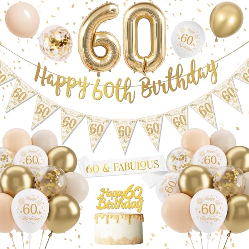 60 Geburtstag Frauen Deko, Luftballon 60. Geburtstag Deko, Luftballons 60 Weiß Gold, Deko 60 Geburtstag, Konfetti Luftballons Nummer 60 Folienballons Für 60 Geburtstag Frau Deko von DJLLA