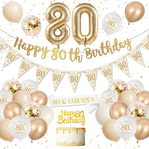 80 Geburtstag Deko, Deko 80. Geburtstag Frauen, Luftballon 80. Geburtstag Weiß Gold, Happy Birthday Banner, Riesen Folienballon Zahl 80 Konfetti Ballon Cake Topper für 80 Geburtstag Frauen Deko von DJLLA