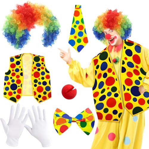 Clown Kostüm Set 5pcs, Clown Verkleidung, Regenbogen Clown Perücke, Clown Outfits, Fliege, Nase, weiße Handschuhe für Halloween Party, Clown Verkleidung, Karneval, Cosplay, Zirkus Party Requisiten von DJLLA