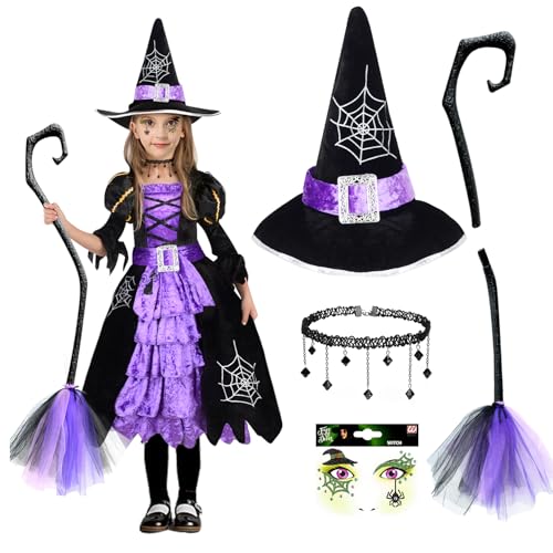 DJLLA Hexen Kostüm Mädchen, 5 Teilig Halloween Kostüm Mädchen mit Hexen Hut, Halskette und FaceSticke, Cosplay Hexenkostüm, Hexen Kostüm Kinder für Halloween Karneval Fasching Party Kleid Mädchen von DJLLA