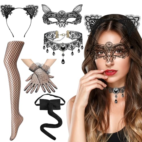DJLLA Katzenkostüm 5 Stück, Haarband, Augenmaske, Handschuhe, Katzenschwanz, Strümpfe, Halskette, Anime-Kostümparty, Halloween Verkleidung für Mädchen und Frauen, Katzen Themenparty, Festival Kostüme DJLLA Katzenkostüm 5 Stück, Haarband, Augenmaske, Handschuhe, Katzenschwanz, Strümpfe, Halskette, Anime-Kostümparty, Halloween Verkleidung für Mädchen und Frauen, Katzen Themenparty, Festival Kostüme von DJLLA