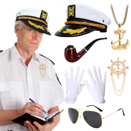 DJLLA Matrosenmütze 6pcs Yacht Kapitän Set, Marine Hut, Anker Halskette, Pfeife, Anker Brosche, Handschuhen, Sonnenbrille für Kostümpartys mit Matrosenkapitän, Halloween-Party von DJLLA