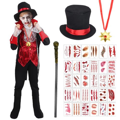 DJLLA Halloween Vampir Kostüm Kinder, Jungen Halloween Kostüm, Dracula Kostüm Kinder Mit Vampir Cane und Halloween Tattoo Aufkleber für Halloween Party Mottoparty Karneval Dracula Cosplay Party von DJLLA