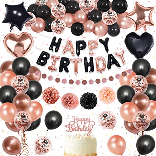 Geburtstagsdeko Mädchen Frauen, DJLLA Rosegold Schwarz Geburtstag Party Deko Set mit Happy Birthday Banner Schwarz Rosegold Konfetti Luftballons für Mädchen Frauen 16 18 21 30 40 50 60 70 Geburtstag von DJLLA