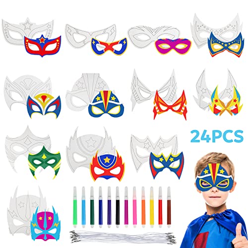 Superhelden Masken Kinder, 24 Stück DIY Blanko Masken Basteln Kindergeburtstag mit Aquarellstifte, Superhero Cosplay Papiermasken für Kinder Geburtstag Ostern Halloween Weihnachten Cosplay Party von DJLLA