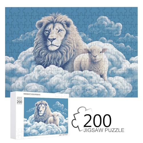 Puzzle 300 Teile Personalisiertes Puzzle für Erwachsene Lamm mit einem Löwen auf den Wolken Bilderpuzzle Benutzerdefinierte Puzzles aus Fotos Holzpuzzle Klassisches Puzzle für Familie Hochzeit von DJUETRUI