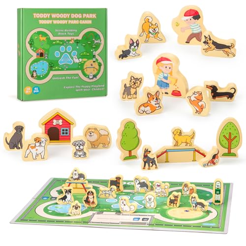 Hundepark-Spielset, Holzfiguren und Add-ons mit Puzzle-Park-Karte, sensorisches Spielzeug und Lernressourcen, Party-Kuchen-Schreibtisch-Dekoration mit Tier-Hundefiguren, Geschenk für Kleinkinder 1–3 von DJofy