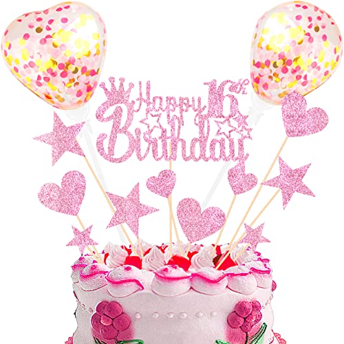 DKBT Tortendeko 16th Rosa Kuchen deko Glitzer Happy Birthday Cake Topper Kuchendeko Geburtstagstorte für Rosa Thema Geburtstagsfeier Jubiläum von DKBT