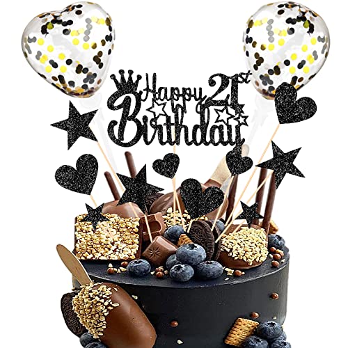 DKBT Tortendeko 21th Schwarz Kuchen deko Glitzer Happy Birthday Cake Topper Kuchendeko Geburtstagstorte für Schwarz Thema Geburtstagsfeier Jubiläum von DKBT