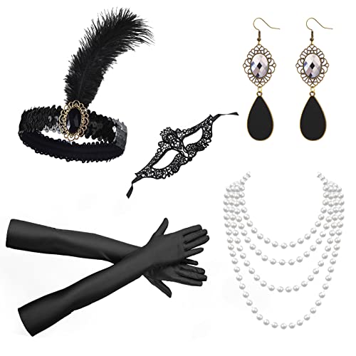 DKDDSSS 5 Stück 20er Jahre Accessoires Damen Zubehör Set, Gatsby Accessoires Kostüm Damen, 1920 Zubehör-Set, Perlen Kette,Ohrringe, Flapper Stirnband, Lange Handschuhe,Maskerade Maske von DKDDSSS