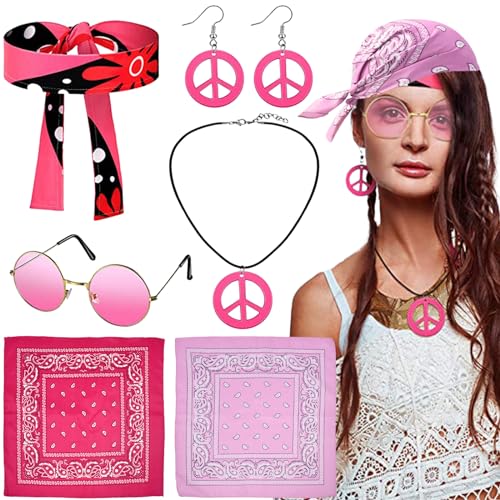 DKDDSSS 7 Teiliges Set Hippie Accessoires, 70er Jahre Accessoires, Hippie Schmuck, Peace Kette, Hippie Schmuck, Hippie Stirnband Damen, Faschingskostüme Damen Für 60er 70er Hippie Mottoparty von DKDDSSS