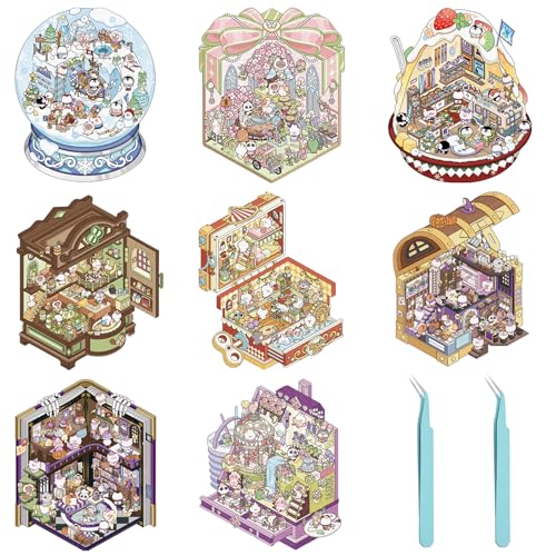 DKDDSSS 8 Sets 3D House Stickers, DIY 3D-Hausaufkleber, Fun DIY Stickers Scene, Stacking Scene Stickers, Supermarkt Café Buchhandlung Restaurant, Cartoon-Szenenaufkleber für Erwachsene und Kinder von DKDDSSS