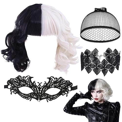 DKDDSSS Kurze Schwarz weiße Perücke, Cosplay Perücke, mit Spitze Augenmaske und Halskette, Halb Schwarz Halb Weiß Perücke, für Halloween Karneval und Party Fancy Dress von DKDDSSS