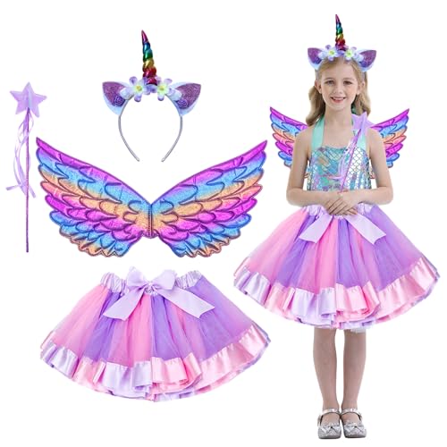 DKDDSSS Mädchen Prinzessin Kostüm, Einhorn Prinzessin Kostüm, Mädchen Prinzessin Kleid, Mädchen Einhorn Cosplay, mit Tüllrock, Flügel, Zauberstab und Haarreif - Geeignet, für Kleine Mädchen von DKDDSSS