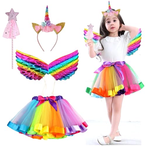 DKDDSSS Mädchen Prinzessin Kostüm, Einhorn Prinzessin Kostüm, Mädchen Prinzessin Kleid, mit Tüllrock, Flügel, Zauberstab und Haarreif - Geeignet, für Kleine Mädchen von DKDDSSS