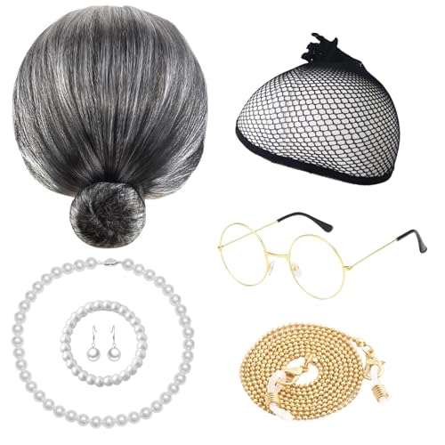 DKDDSSS Oma Perücke, Old Lady Kostüm, Oma Kostüm, Großmutter Perücke, Alte Dame Cosplay Set Kostümzubehör, Alte Damen Perücke für Halloween, Karneval, Maskerade, Bühnenauftritt, Kostümzubehör (Grau) von DKDDSSS