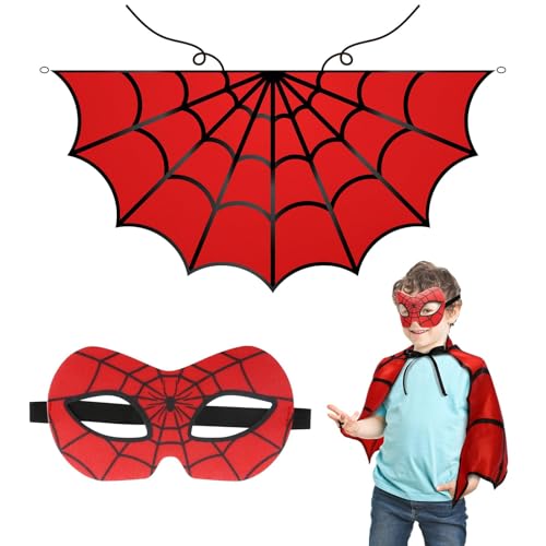 DKINY 2 Stück Spinnen Kostüm Kinder Schwarz Rot Spinnenumhang mit Maske Spinnennetz Umhang Spider Kinderkostüm Spinnenkostüm Cosplay Zubehör für Halloween Karneval Fasching von DKINY