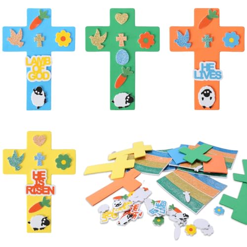 DKINY 24 Stück Ostern Kreuze Bastelset für Kinder Kreuz Mix & Match Deko Anhänger Kreative Kunst und Bastelbedarf zum Basteln mit Moosgummi Teilen Osterdeko zum Basteln für Ostern von DKINY