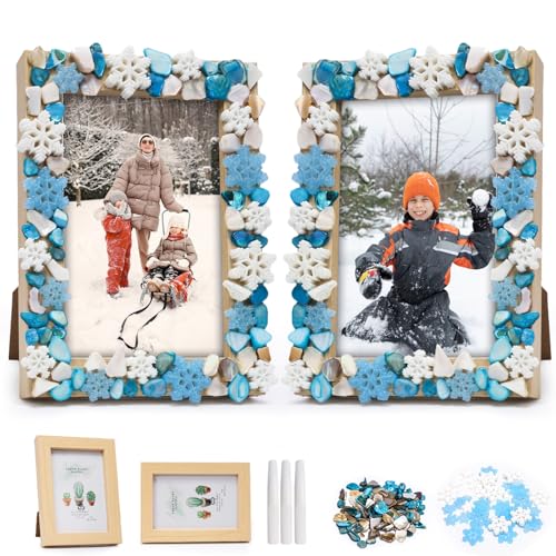 DKINY 2PCS Schneeflocken Mosaik Bilderrahmen Bastelset Kinder Weihnachten Mosaiksets mit Blau Weiß Schnee Mosaiksteine zum Basteln DIY Holzrahmen Kreativsets Geschenk für Kinder Weihnachten Winter von DKINY