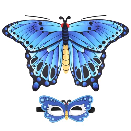 DKINY 4er Schmetterling Umhang Kinder, Blau Schmetterlingsflügel Kostüm Mädchen, Karneval Schmetterlingsumhang mit Maske Krone, Schmetterling Kostümeset Cape für Halloween Karneval Cosplay Party von DKINY