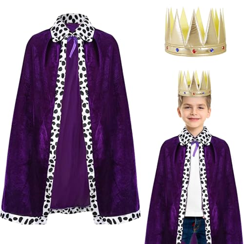 DKINY 2tlg König Umhang Kinder Lila Königsumhang mit Krone Mittelalterliches Prinz König Königin Cosplay Kostüm Königsmantel Samtmantel für Junge Mädchen Karneval Halloween Fasching Party von DKINY